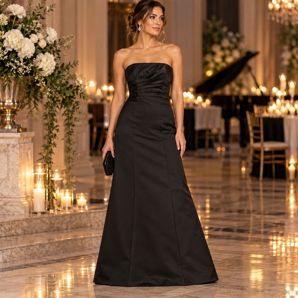 ABS Allen Schwartz Black Strapless Ruched Satin Evening Gown Dress Size 4